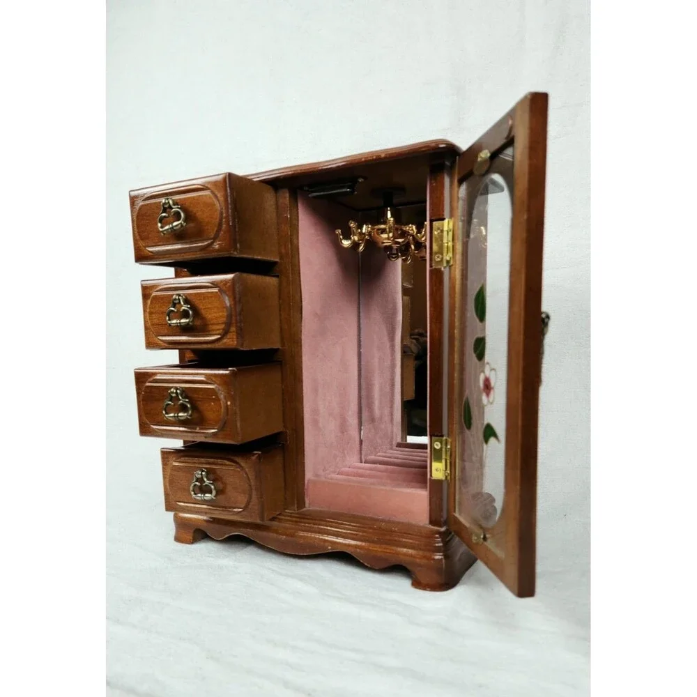 Vintage Taiwan Wooden Jewelry Box Floral Glass Door 4 Drawer Armoire 1970’s